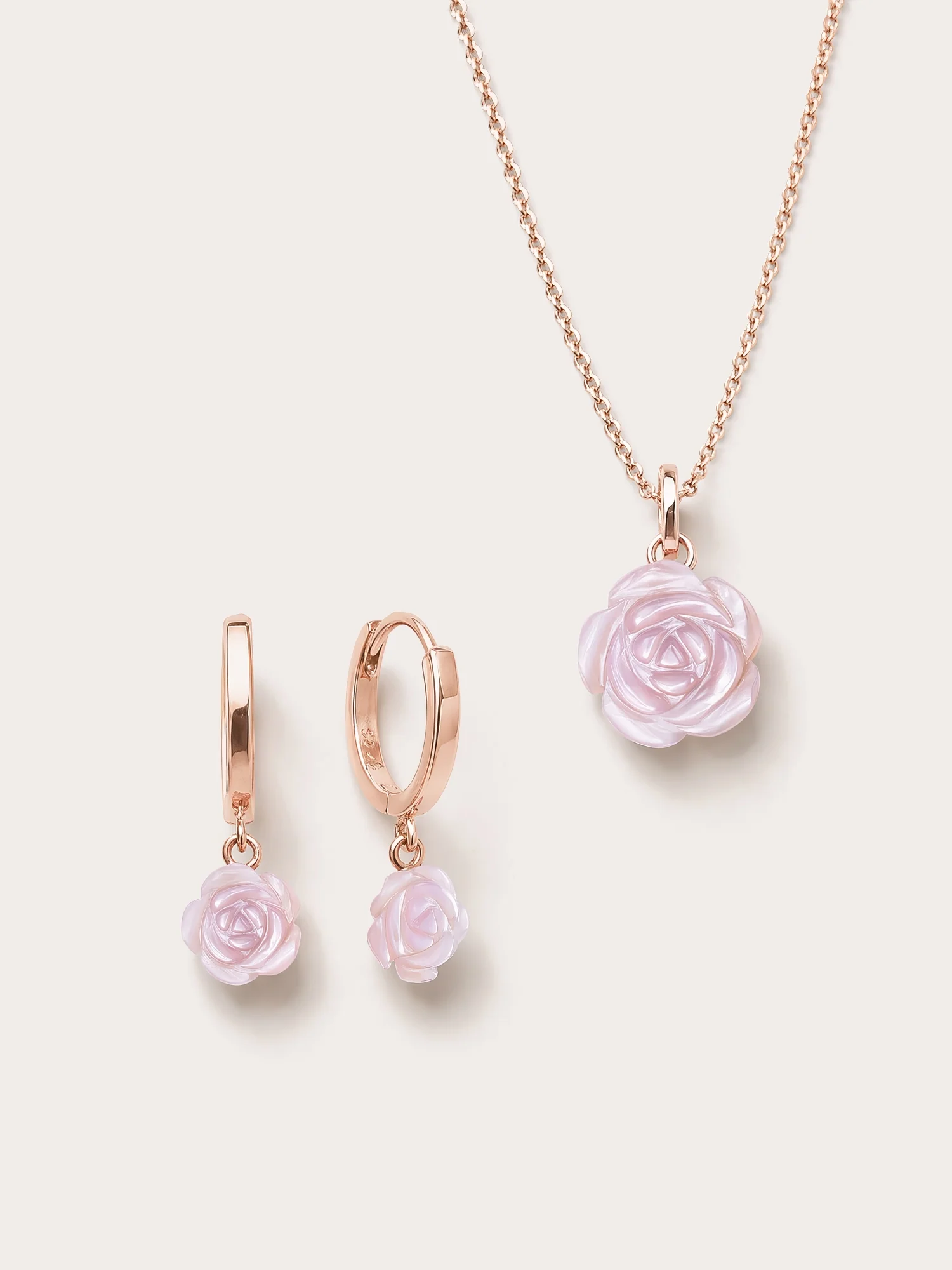 Carved Pink Rose Necklace and Earrings Set